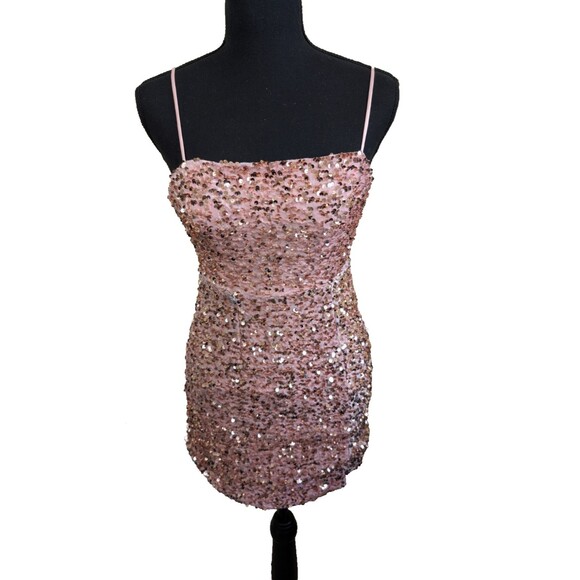 Selfie Leslie Atlanta Square Neckline Sequin Dress Blush Party Size XS - Picture 2 of 16